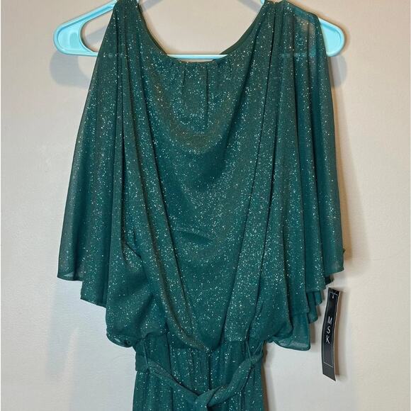 NWT MSK Green Glitter-Chiffon Blouson Belted Wide-Leg Jumpsuit Womens Size Small - Picture 4 of 12